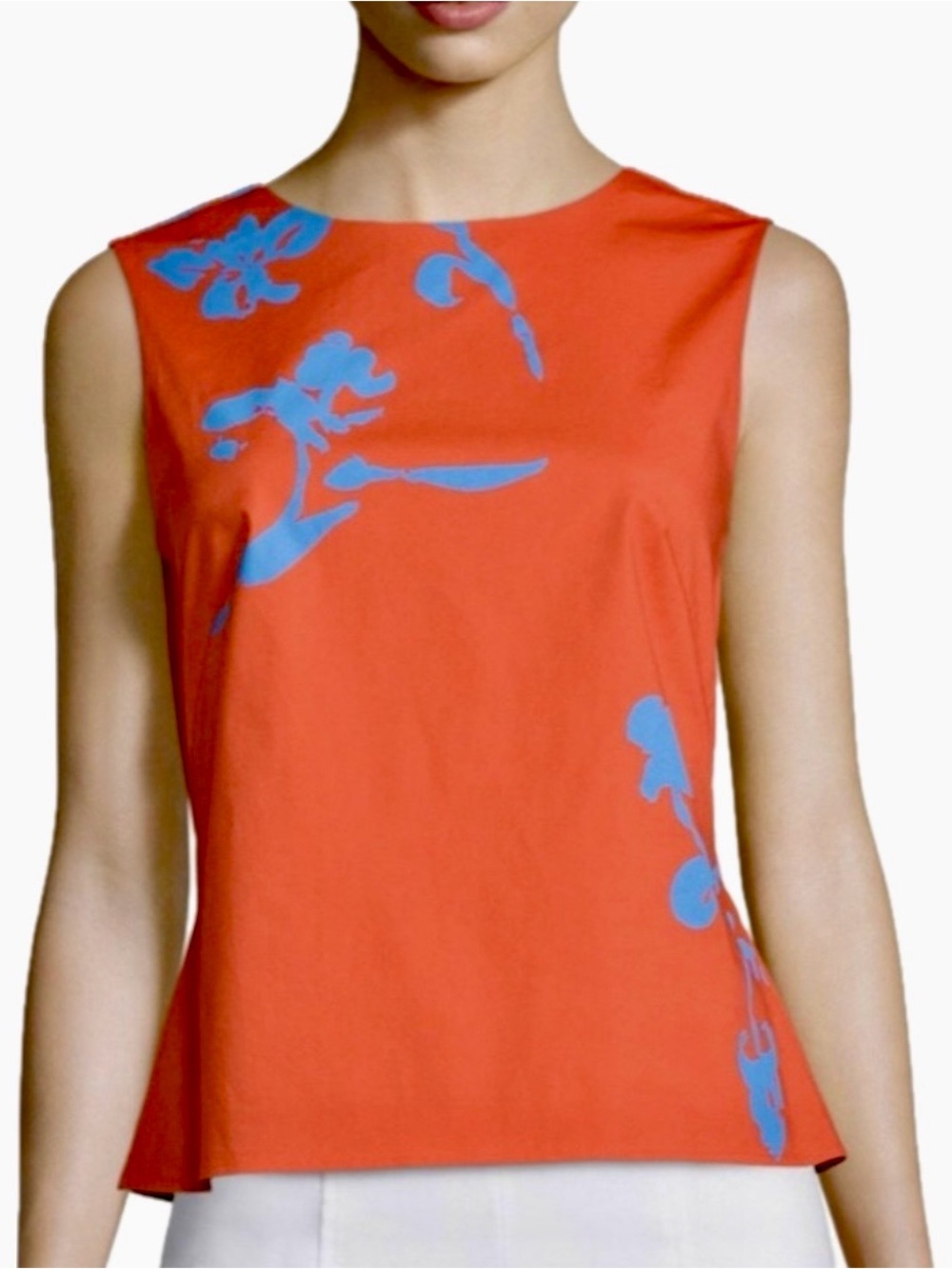 Tory Burch Stretch Cotton Sleeveless Orange Blue Floral Shell Top, Back Tie, 2